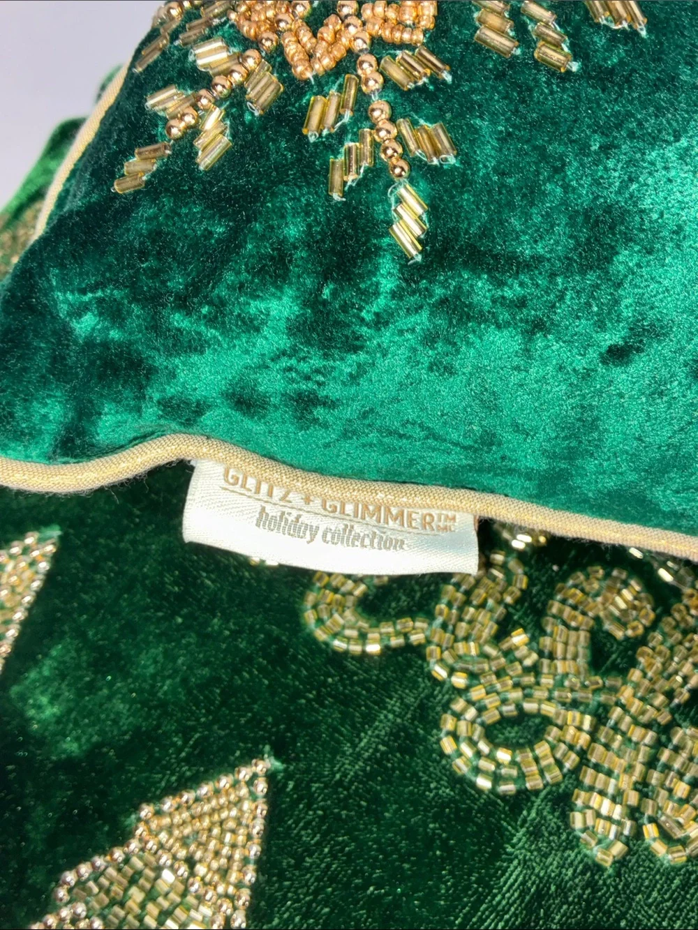 Holiday Velvet Green Decorative Throw Pillow Set with Gold Embellishments